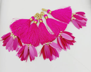 Fuchsia Pink Tassels With Long Sequins And Seed Pearl Beads, Beaded Thread Tassel Charms, 2 Pcs